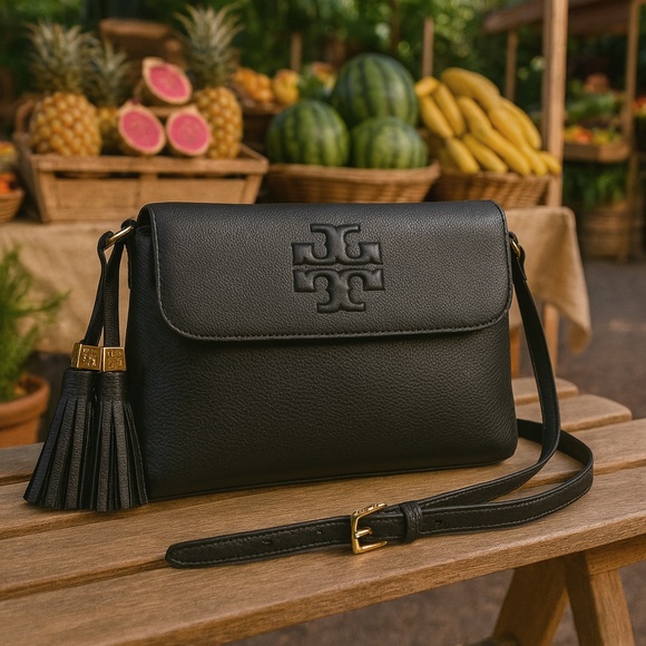 NEW Tory Burch Thea Black Pebbled Leather Messenger/Crossbody/Shoulder Bag